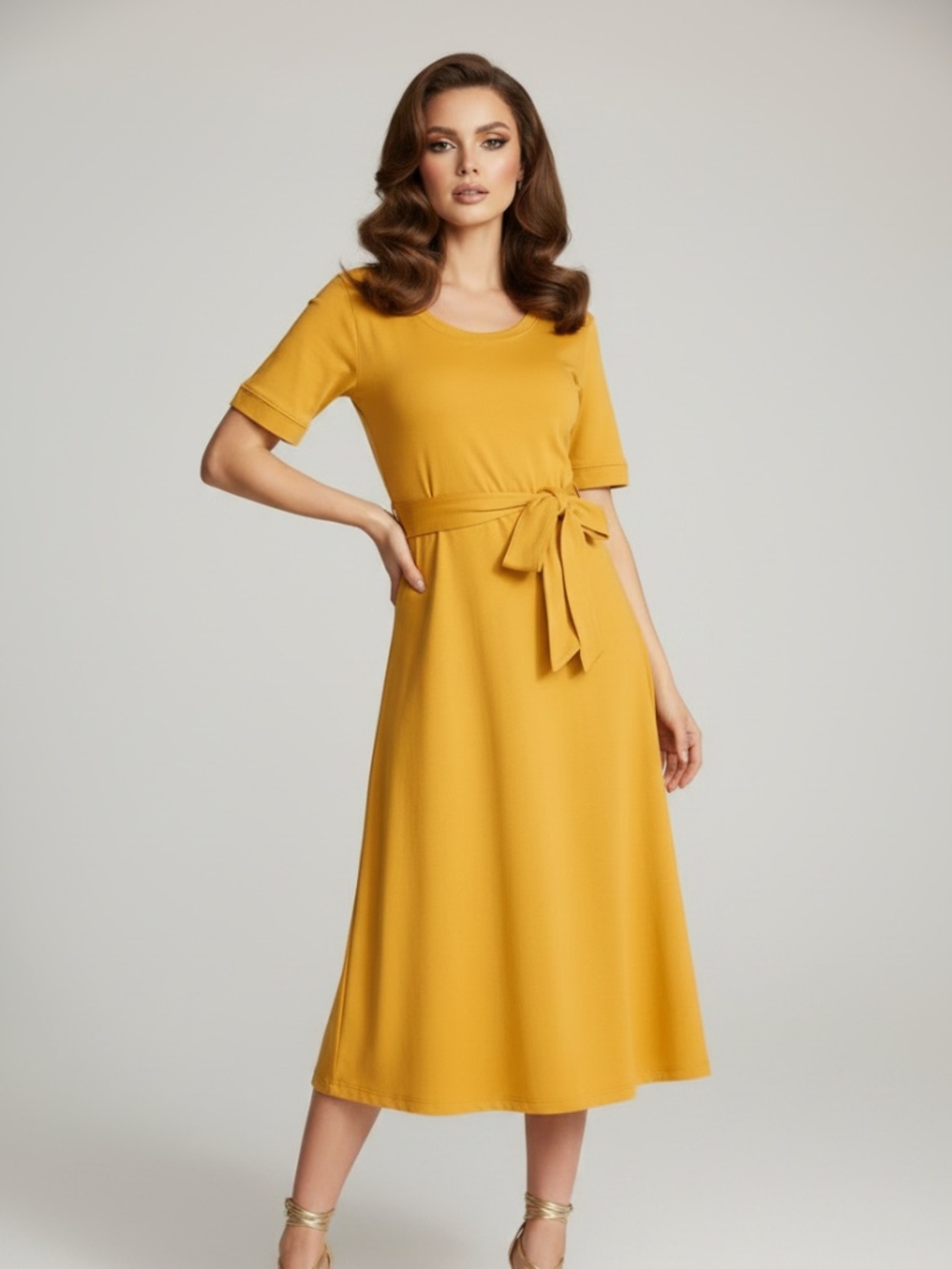 NEW GOLD mustard Women's 100% Cotton Tie Front Midi Dress with Short Sleeves XS
